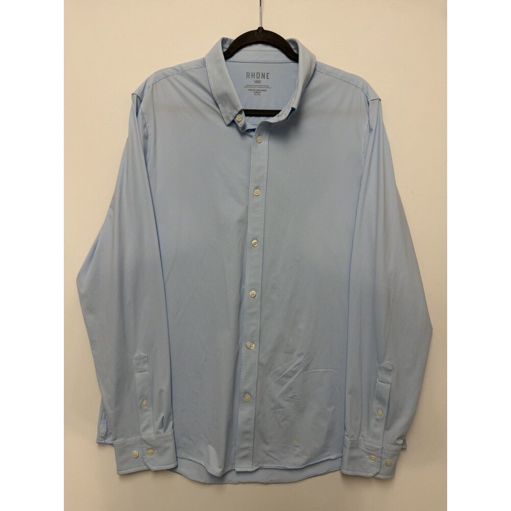 RHONE Dress Shirt Mens XL Slim Fit Light Blue Striped Fine Italian Fabric FLAW *